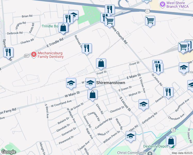 map of restaurants, bars, coffee shops, grocery stores, and more near 12 Railroad Avenue in Shiremanstown