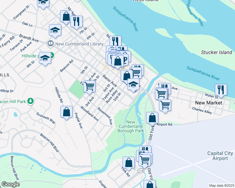 map of restaurants, bars, coffee shops, grocery stores, and more near 417 2nd Street in New Cumberland