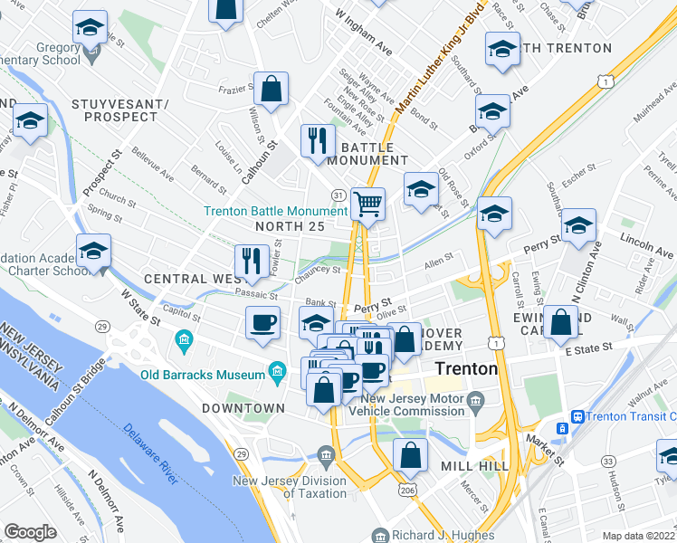 map of restaurants, bars, coffee shops, grocery stores, and more near 21 Chauncey Street in Trenton