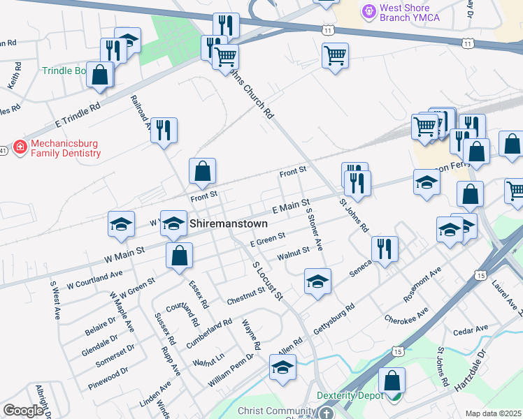 map of restaurants, bars, coffee shops, grocery stores, and more near 215 East Main Street in Shiremanstown