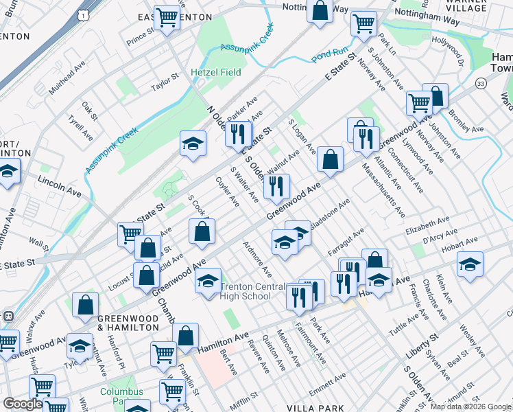 map of restaurants, bars, coffee shops, grocery stores, and more near 137 South Walter Avenue in Trenton