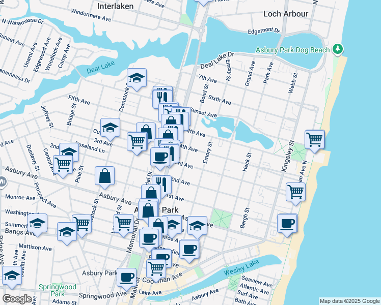map of restaurants, bars, coffee shops, grocery stores, and more near 610 4th Avenue in Asbury Park