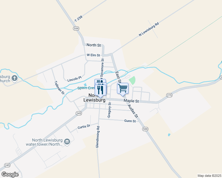 map of restaurants, bars, coffee shops, grocery stores, and more near 85 Gregory Street in North Lewisburg