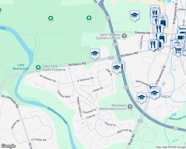 map of restaurants, bars, coffee shops, grocery stores, and more near 4 Briarwood Court in Newtown