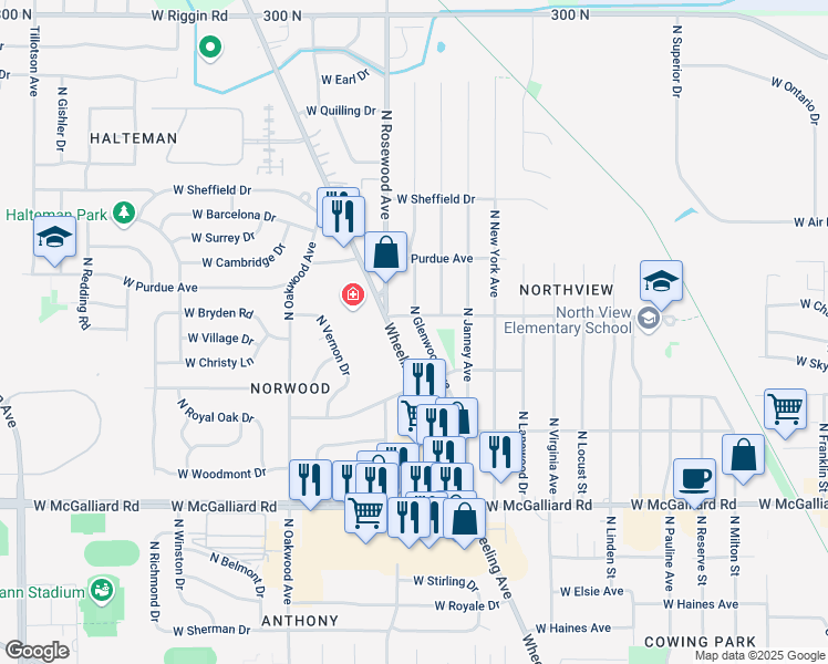 map of restaurants, bars, coffee shops, grocery stores, and more near 3804 North Wheeling Avenue in Muncie