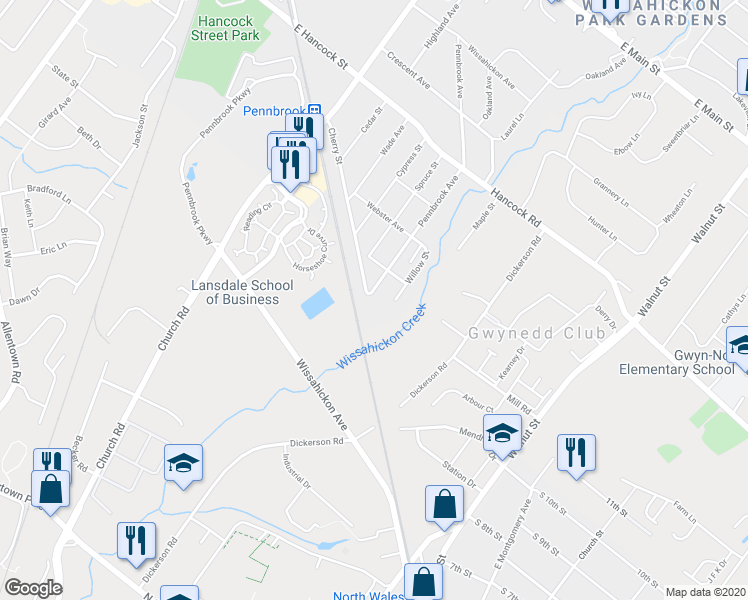 map of restaurants, bars, coffee shops, grocery stores, and more near 827 Pennbrook Avenue in Lansdale