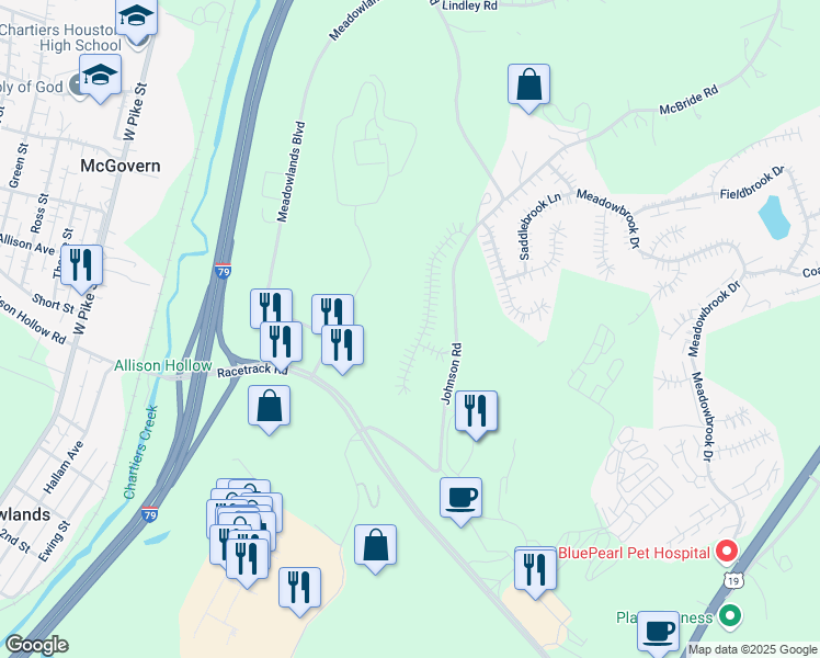 map of restaurants, bars, coffee shops, grocery stores, and more near 140 Trotwood Drive in Canonsburg