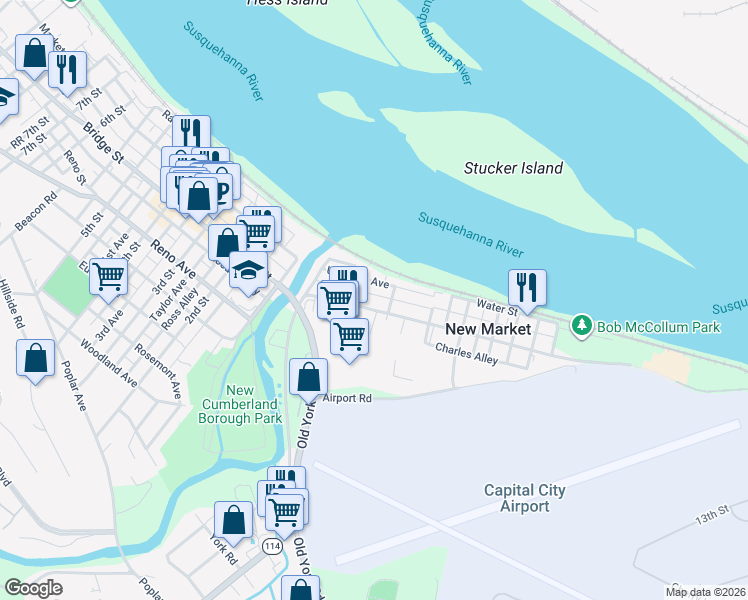 map of restaurants, bars, coffee shops, grocery stores, and more near 112 Ross Avenue in New Cumberland
