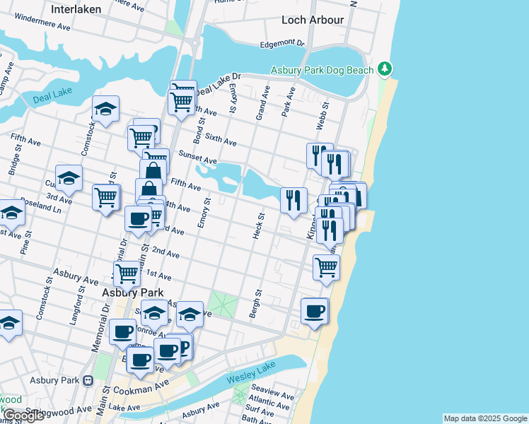 map of restaurants, bars, coffee shops, grocery stores, and more near 1209 Heck Street in Asbury Park