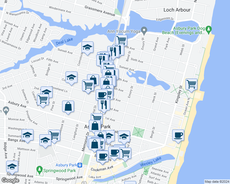 map of restaurants, bars, coffee shops, grocery stores, and more near 1114 Main Street in Asbury Park