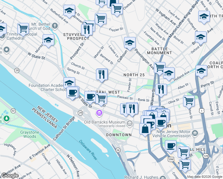 map of restaurants, bars, coffee shops, grocery stores, and more near 76 Passaic Street in Trenton