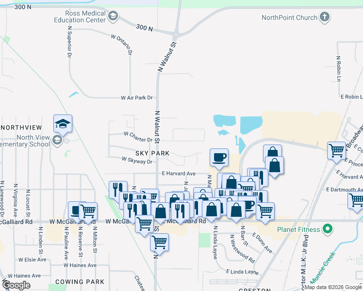 map of restaurants, bars, coffee shops, grocery stores, and more near 125 East Oldfield Lane in Muncie