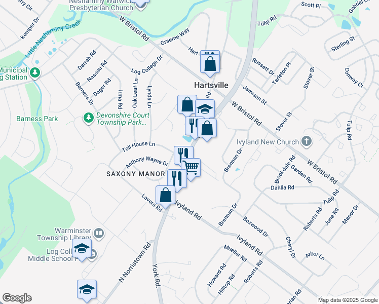 map of restaurants, bars, coffee shops, grocery stores, and more near 1139 York Road in Warminster