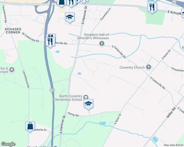 map of restaurants, bars, coffee shops, grocery stores, and more near 1146 Wendler Circle in Pottstown