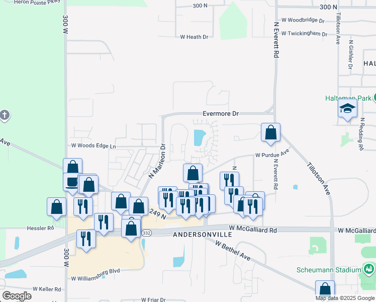 map of restaurants, bars, coffee shops, grocery stores, and more near 3701 North Chadam Lane in Muncie