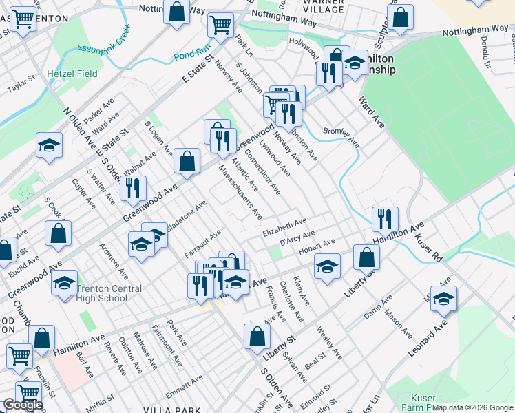 map of restaurants, bars, coffee shops, grocery stores, and more near 422 Massachusetts Avenue in Trenton