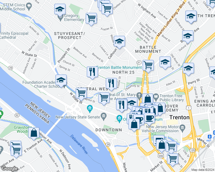 map of restaurants, bars, coffee shops, grocery stores, and more near 76 Spring Street in Trenton