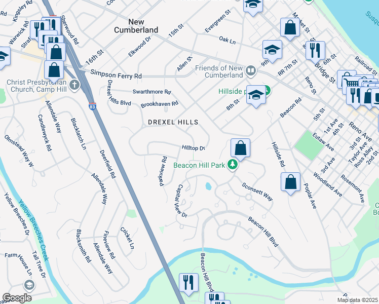 map of restaurants, bars, coffee shops, grocery stores, and more near 700 Hilltop Drive in New Cumberland