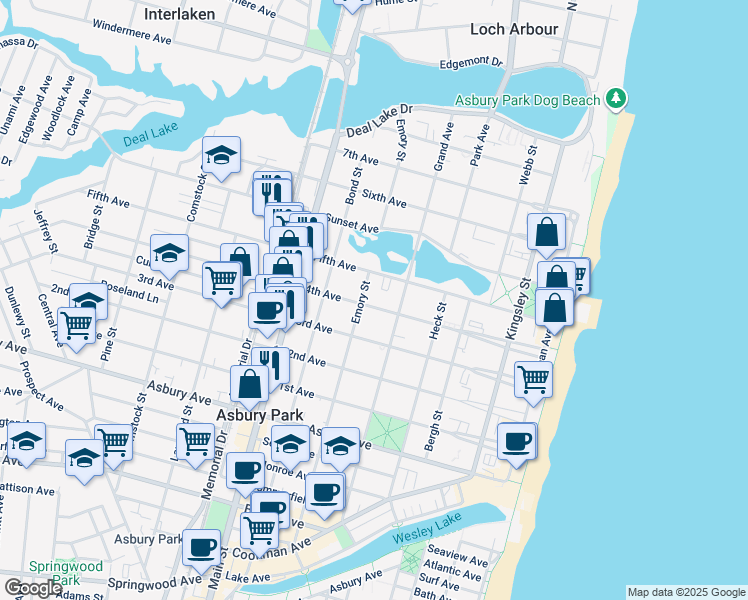 map of restaurants, bars, coffee shops, grocery stores, and more near 511 4th Avenue in Asbury Park