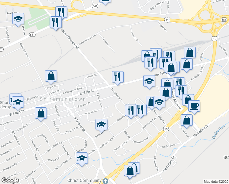 map of restaurants, bars, coffee shops, grocery stores, and more near 506 North Saint Johns Road in Shiremanstown