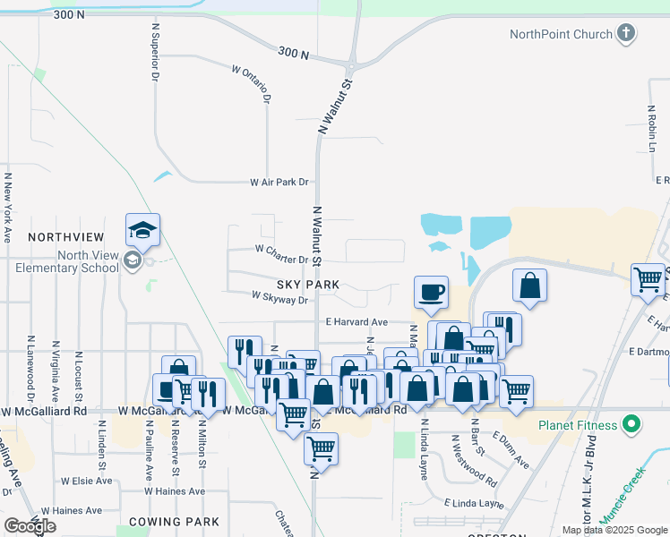 map of restaurants, bars, coffee shops, grocery stores, and more near 109 East Charter Drive in Muncie