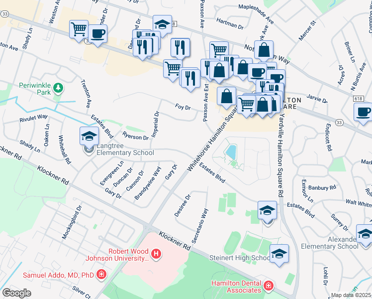 map of restaurants, bars, coffee shops, grocery stores, and more near 892 Estates Boulevard in Hamilton Township