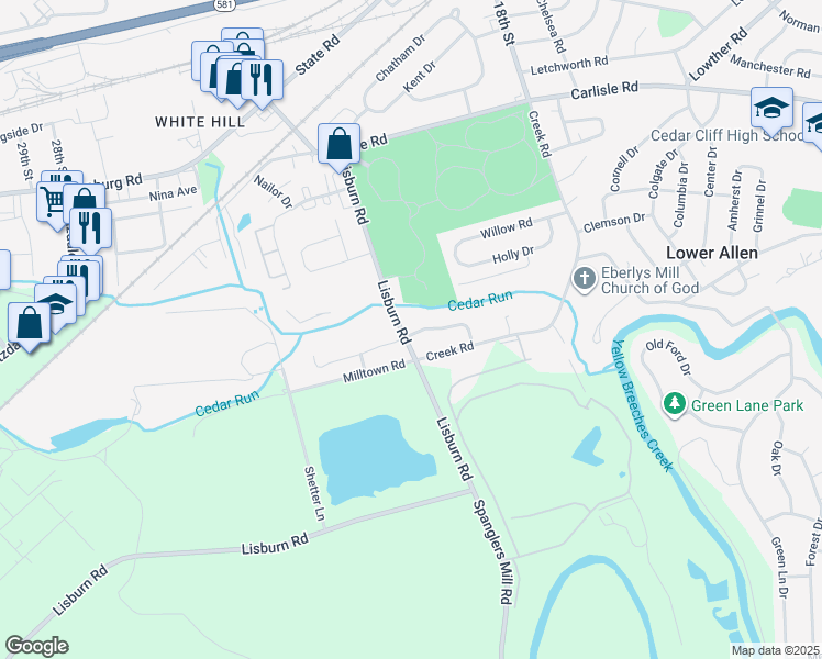 map of restaurants, bars, coffee shops, grocery stores, and more near 22 Beaver Road in Camp Hill