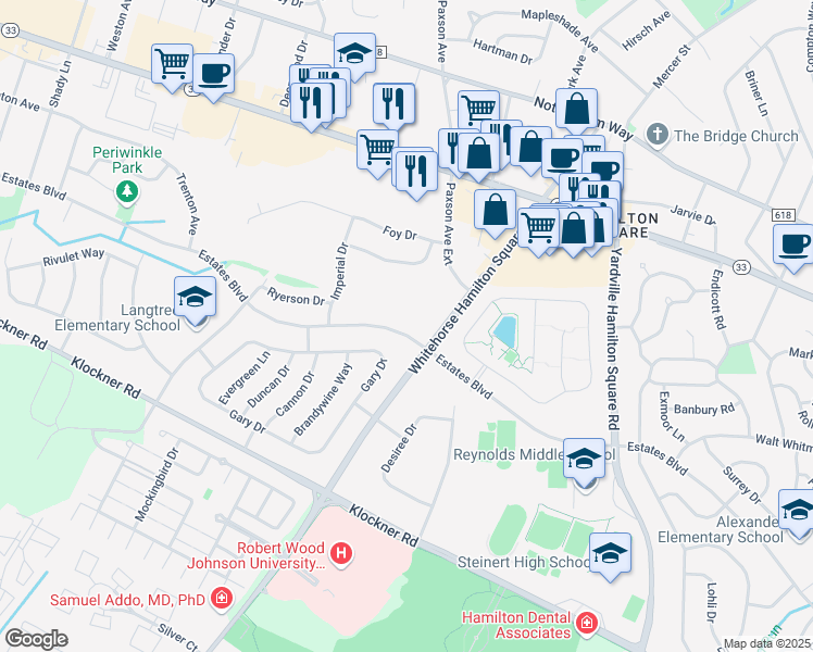 map of restaurants, bars, coffee shops, grocery stores, and more near 892 Estates Boulevard in Hamilton Township
