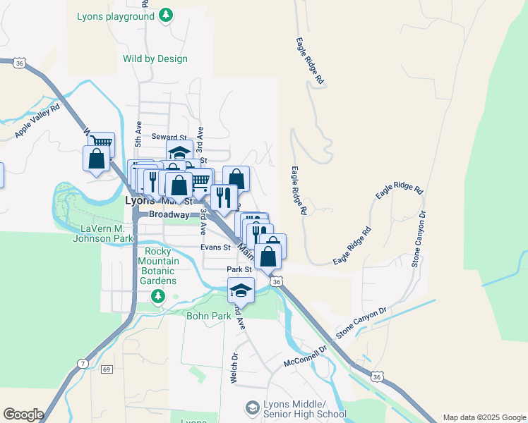 map of restaurants, bars, coffee shops, grocery stores, and more near 621 1st Avenue in Lyons