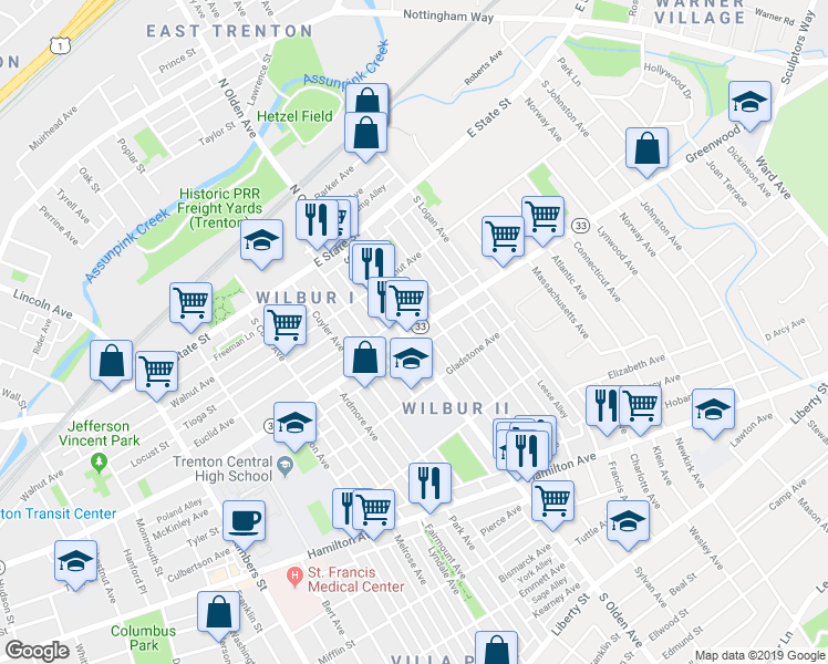 map of restaurants, bars, coffee shops, grocery stores, and more near 1207 Greenwood Avenue in Trenton