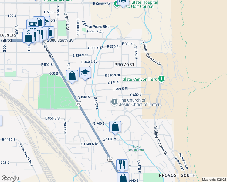 map of restaurants, bars, coffee shops, grocery stores, and more near 1290 East 700 South Street in Provo
