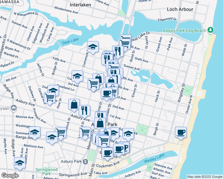 map of restaurants, bars, coffee shops, grocery stores, and more near 809 3rd Avenue in Asbury Park