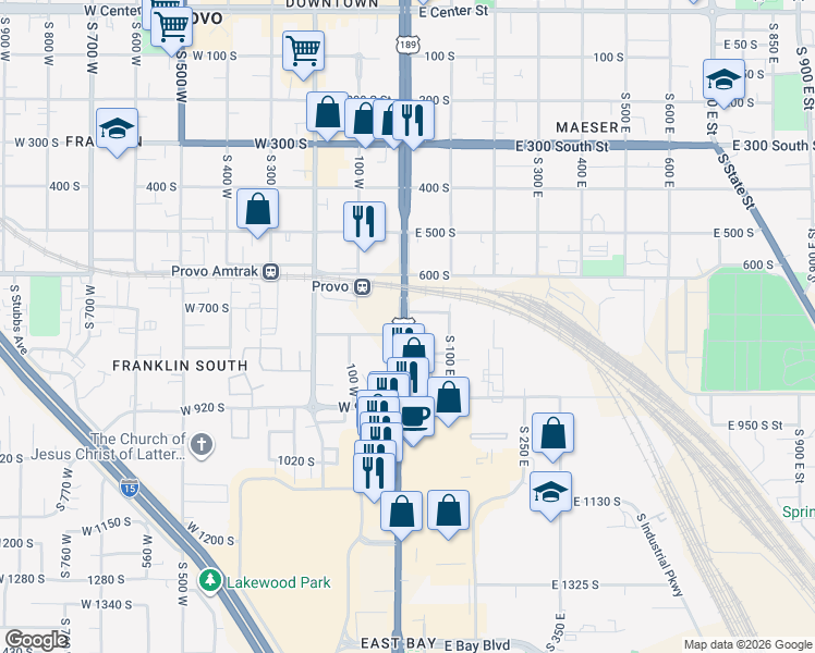 map of restaurants, bars, coffee shops, grocery stores, and more near 735 East 680 South in Provo