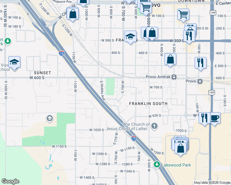 map of restaurants, bars, coffee shops, grocery stores, and more near 712 South 760 West in Provo