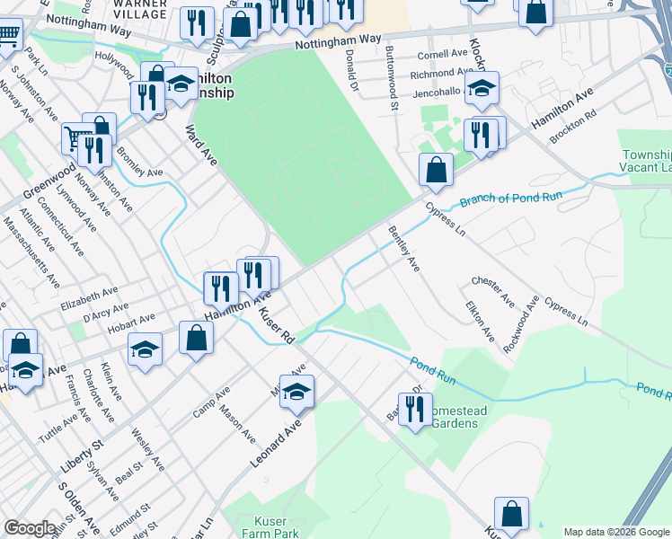 map of restaurants, bars, coffee shops, grocery stores, and more near 25 Brook Lane in Trenton