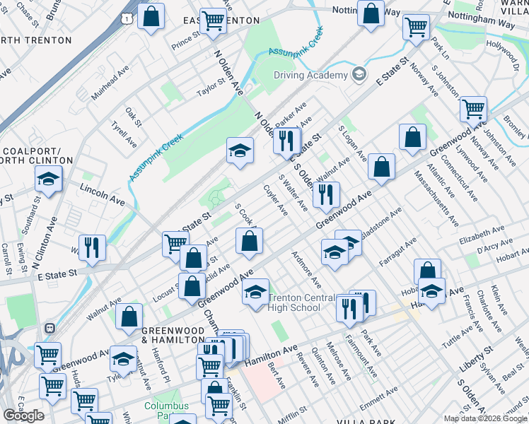 map of restaurants, bars, coffee shops, grocery stores, and more near 409 Walnut Avenue in Trenton