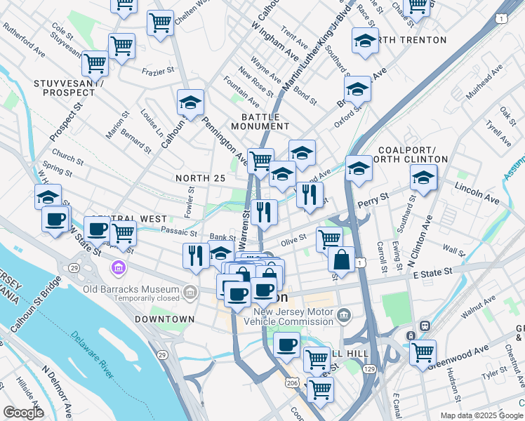 map of restaurants, bars, coffee shops, grocery stores, and more near 245 North Broad Street in Trenton