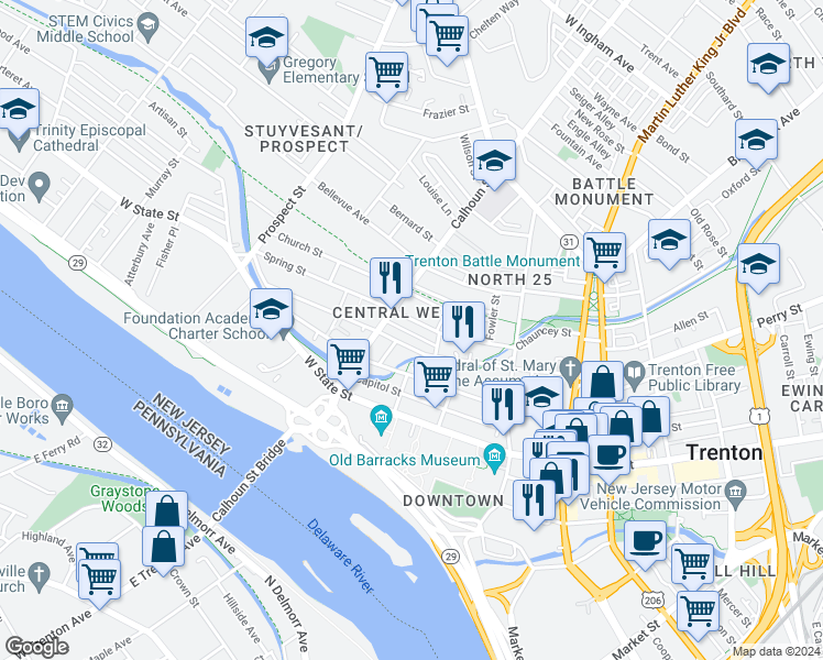 map of restaurants, bars, coffee shops, grocery stores, and more near 76 Passaic Street in Trenton