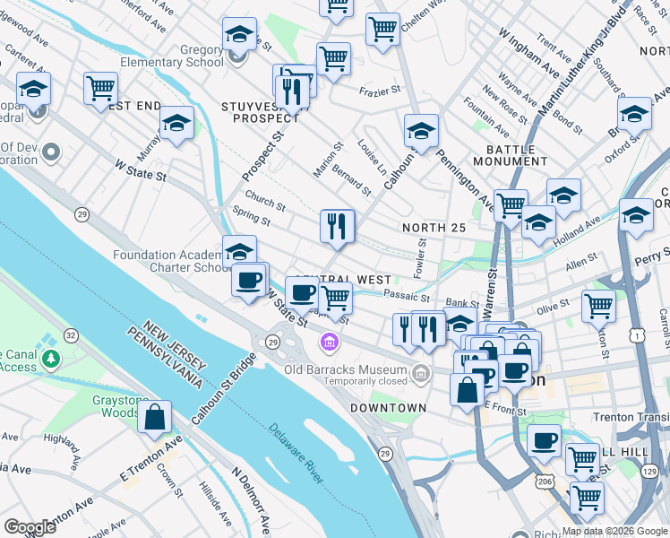 map of restaurants, bars, coffee shops, grocery stores, and more near 125 Calhoun Street in Trenton