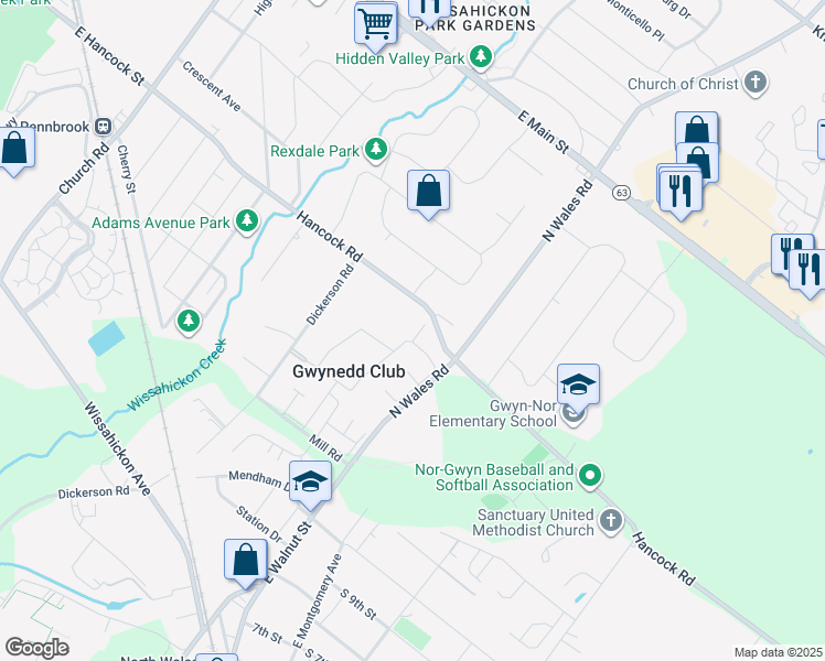 map of restaurants, bars, coffee shops, grocery stores, and more near 26 Derry Drive in North Wales