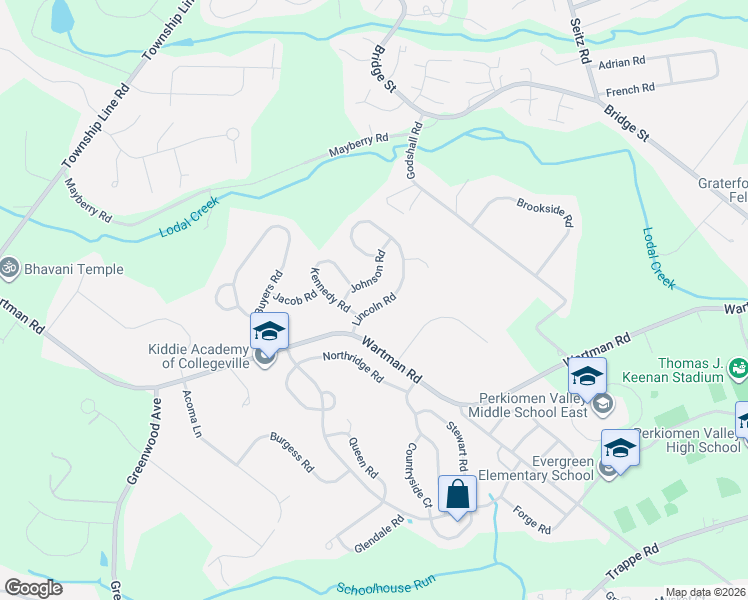 map of restaurants, bars, coffee shops, grocery stores, and more near 108 Lincoln Road in Collegeville