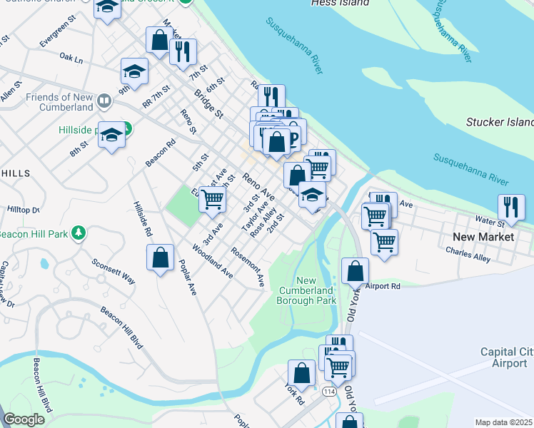 map of restaurants, bars, coffee shops, grocery stores, and more near 417 2nd Street in New Cumberland