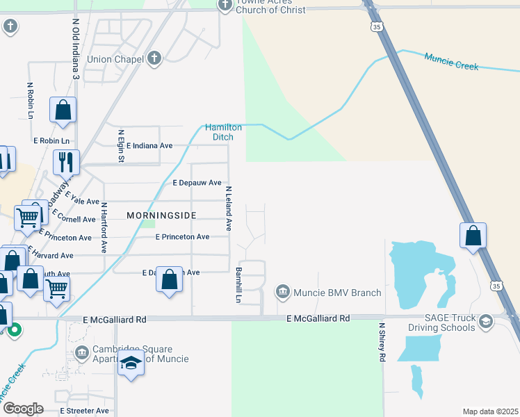 map of restaurants, bars, coffee shops, grocery stores, and more near 3716-3846 Harvest Dr in Muncie