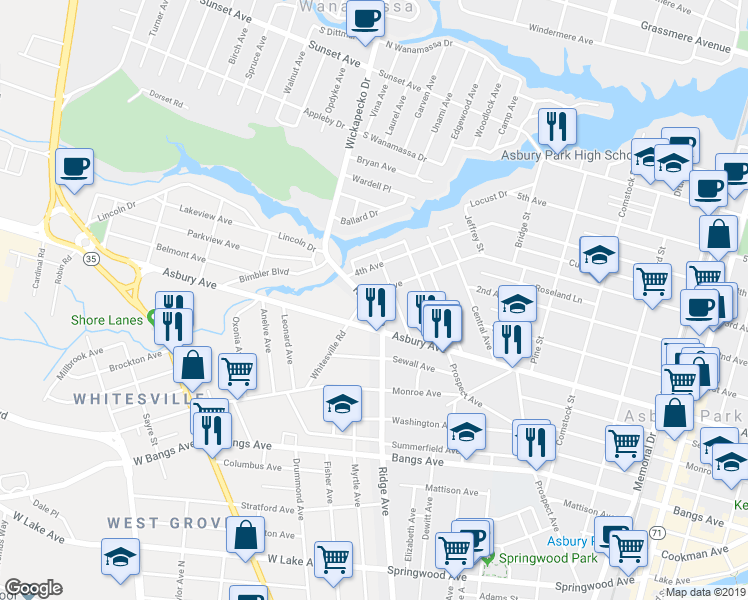 map of restaurants, bars, coffee shops, grocery stores, and more near 1708 3rd Avenue in Asbury Park