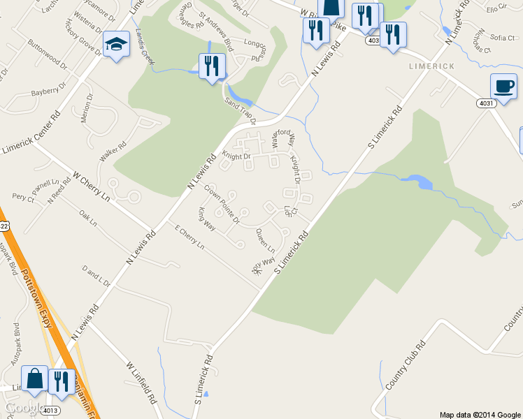 map of restaurants, bars, coffee shops, grocery stores, and more near 1207 Duchess Court in Royersford