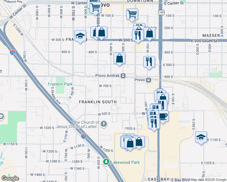 map of restaurants, bars, coffee shops, grocery stores, and more near 751 South 400 West in Provo
