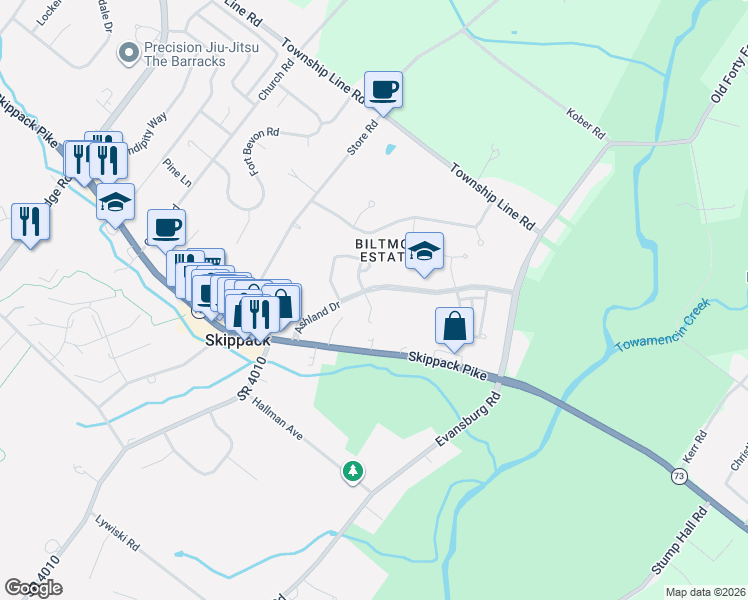 map of restaurants, bars, coffee shops, grocery stores, and more near 2084 Braden Court in Harleysville