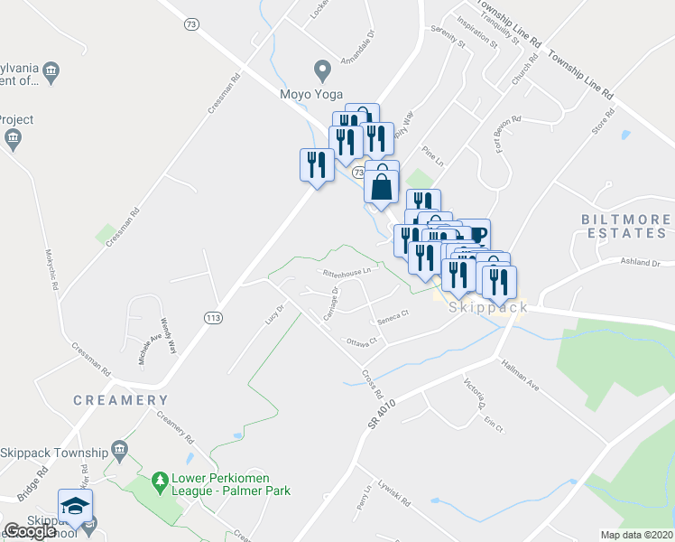 map of restaurants, bars, coffee shops, grocery stores, and more near 4152 Ritten House Lane in Schwenksville