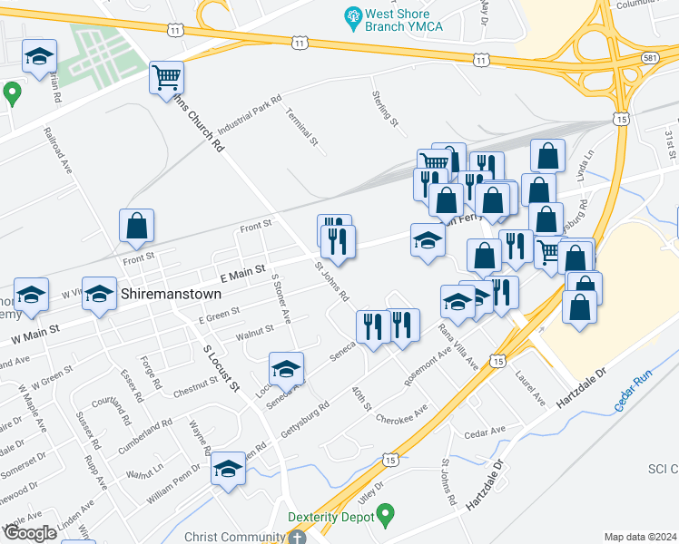 map of restaurants, bars, coffee shops, grocery stores, and more near 3619 Simpson Ferry Road in Camp Hill