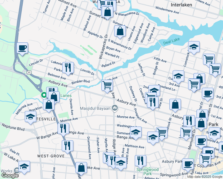 map of restaurants, bars, coffee shops, grocery stores, and more near 1708 3rd Avenue in Asbury Park